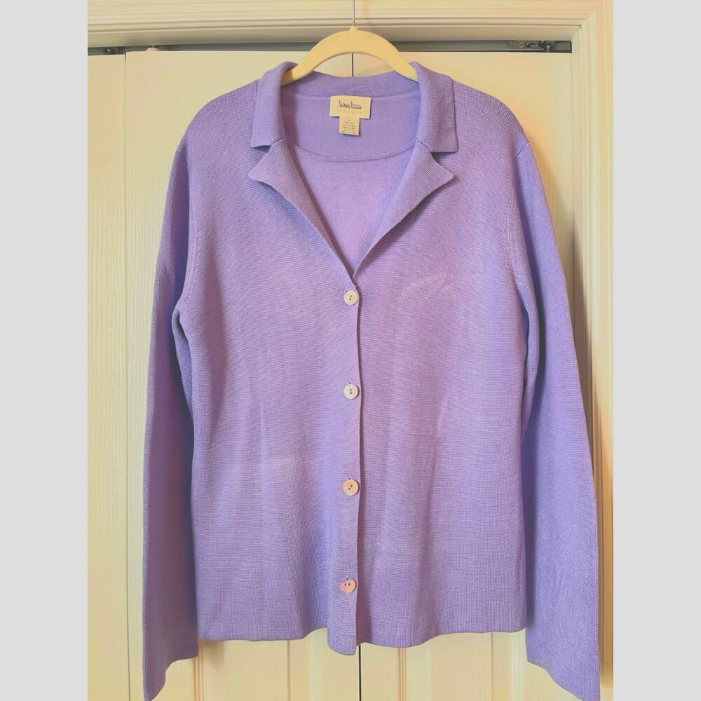 Neiman Marcus 100% Silk Lavender Cardigan and short sleeve set